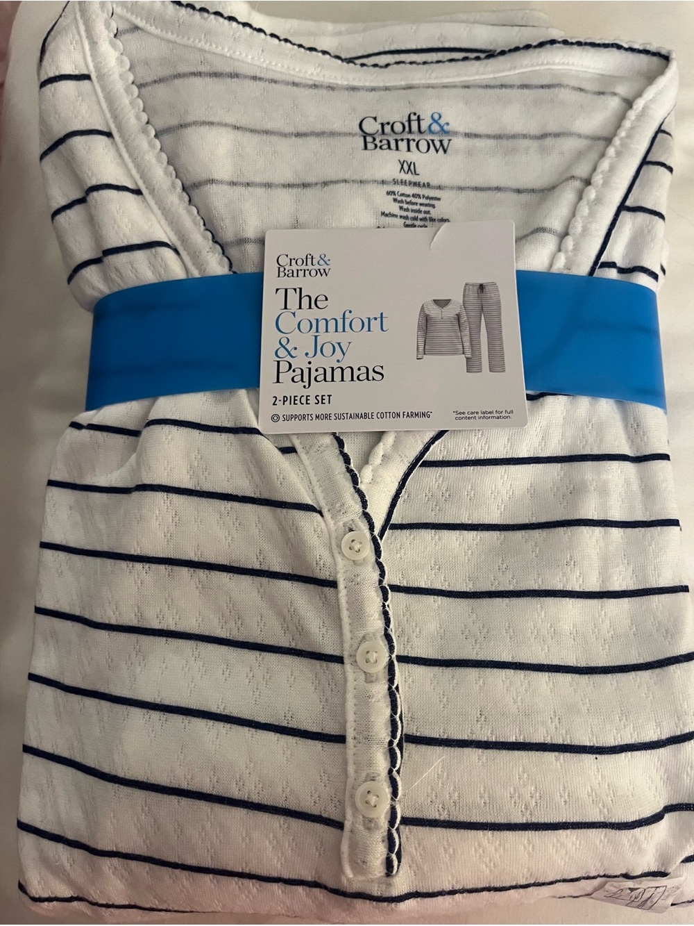 Croft & Barrow White w Navy Striped Pajamas NEW XXL